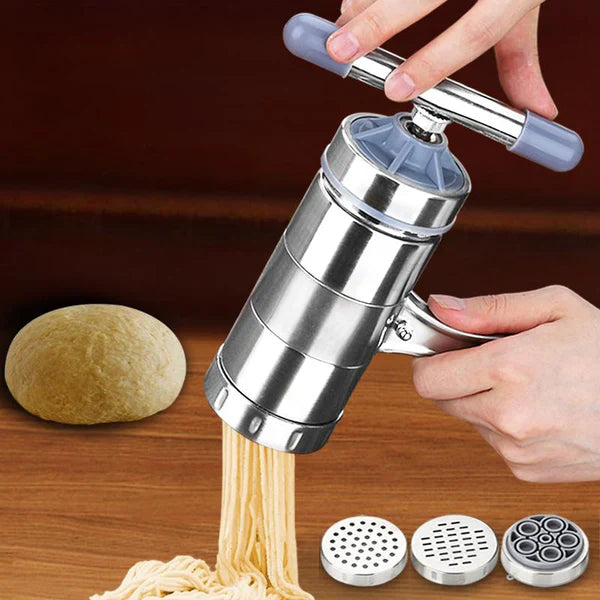Side view of stainless steel noodle maker showing handle design